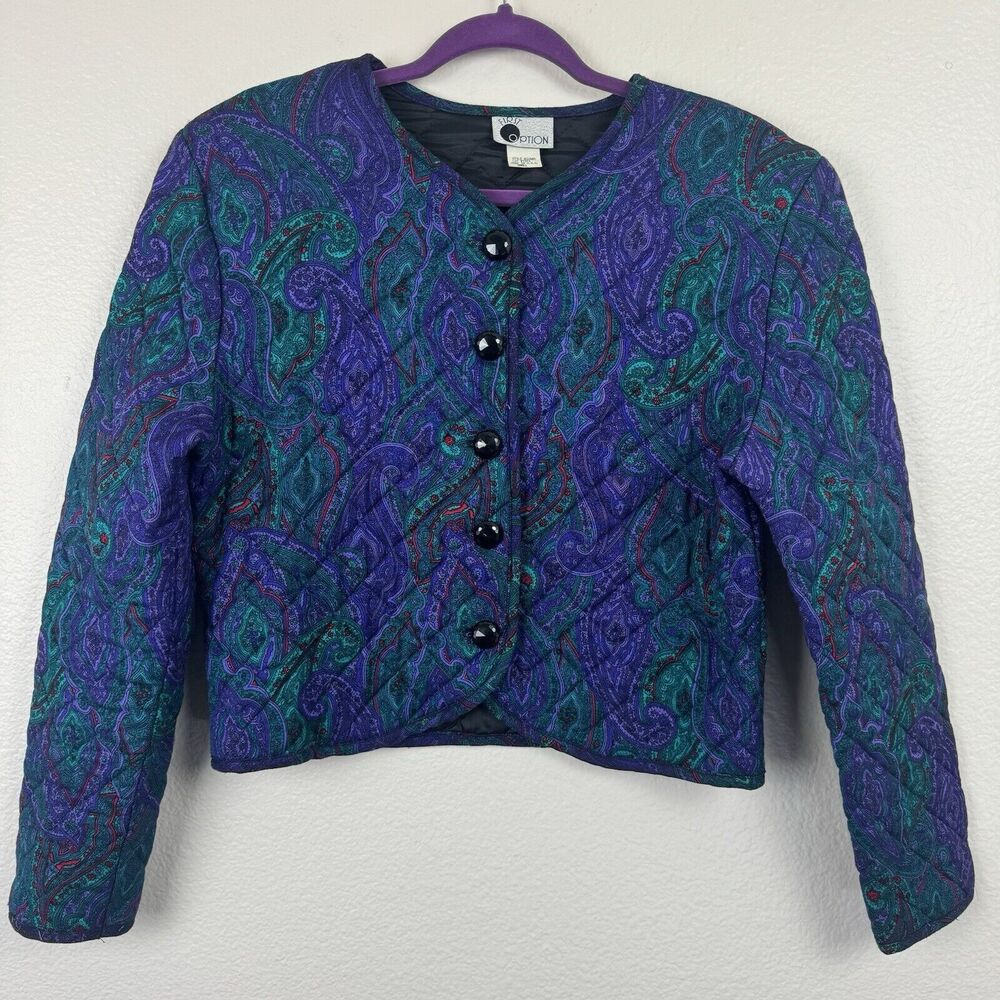 Vintage First Option Cropped Quilted Paisley Print Button Front Jacket Small